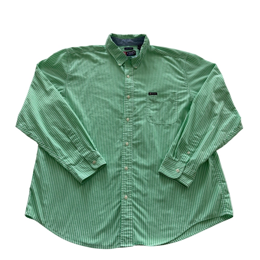 Chaps Button Down Shirt Men XXL Green White Striped Long Sleeve Easy Care